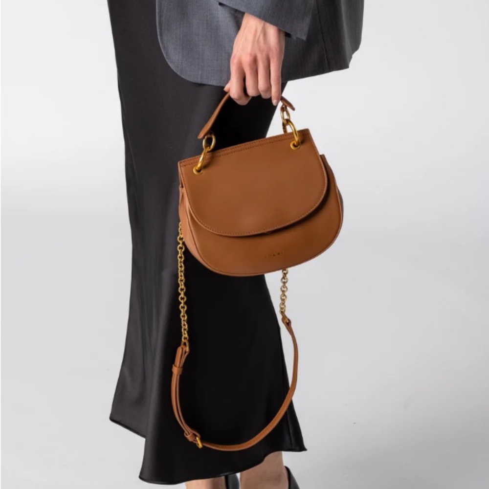 Po&me Paris designer Italian leather camel tan convertible crossbody handbag